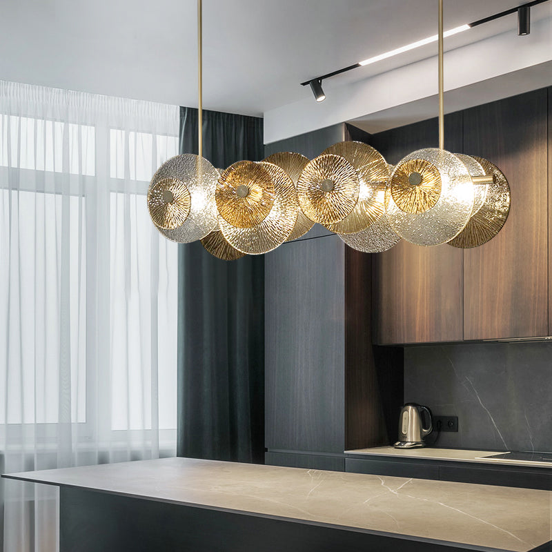 Disc Textured Glass Island Lighting Postmodern 4-Light Brass Suspension Light for Dinner