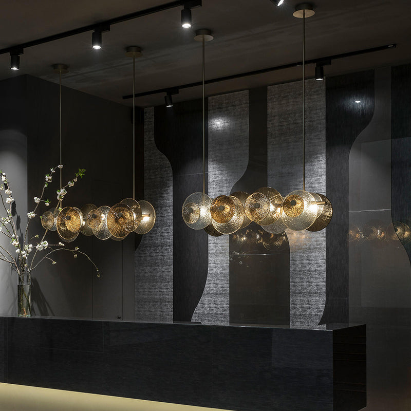 Disc Textured Glass Island Lighting Postmodern 4-Light Brass Suspension Light for Dinner