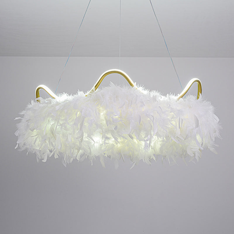 Crown Shaped LED Chandelier Minimalist Feather White Hanging Light for Kids Bedroom