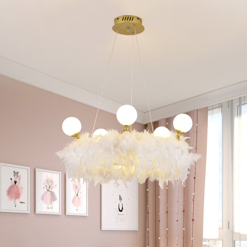 Feather Crown Suspension Lighting Nordic Gold and White Chandelier for Girls Room