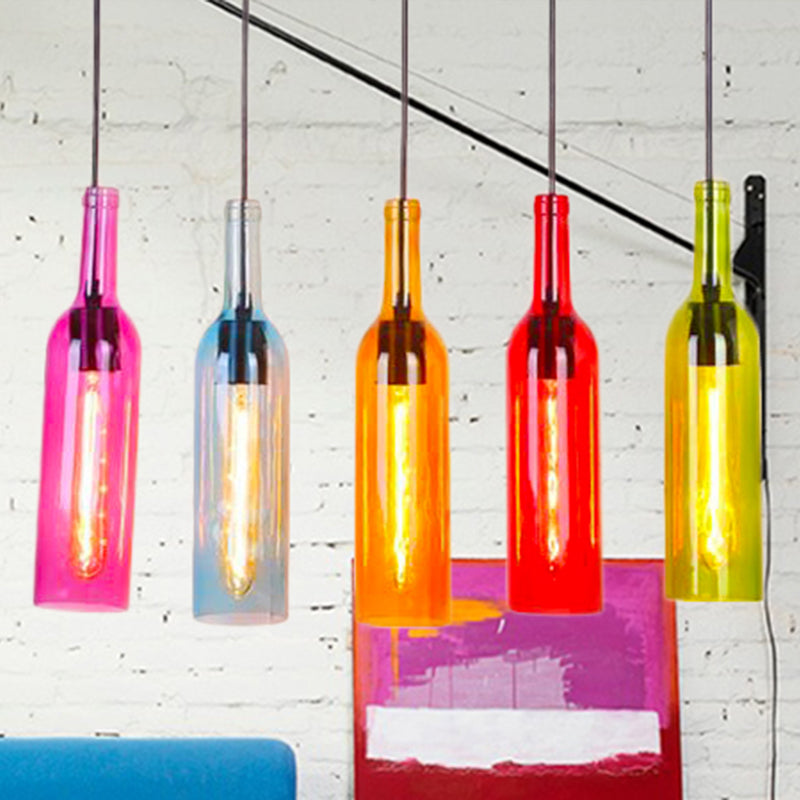 Glass Wine Bottle Hanging Light Industrial 3/5-Head Restaurant Ceiling Pendant Lamp with Round/Linear Canopy in Black