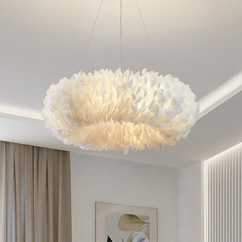 White Doughnut Chandelier Lamp Minimalist Feather Loop Pendant Lighting Fixture