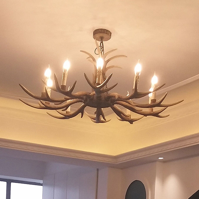 Faux lustre en lustre en bois d'éclairage de plafond en résine brun rustique avec conception de bougies