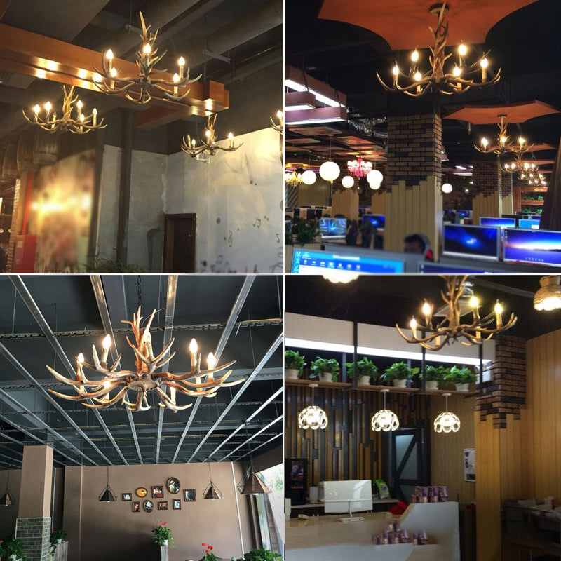 Faux lustre en lustre en bois d'éclairage de plafond en résine brun rustique avec conception de bougies