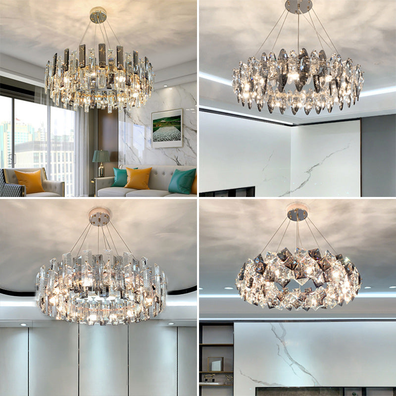 Drum Pendant Ceiling Light Modernist Smoke Grey Crystal Living Room Chandelier Lamp