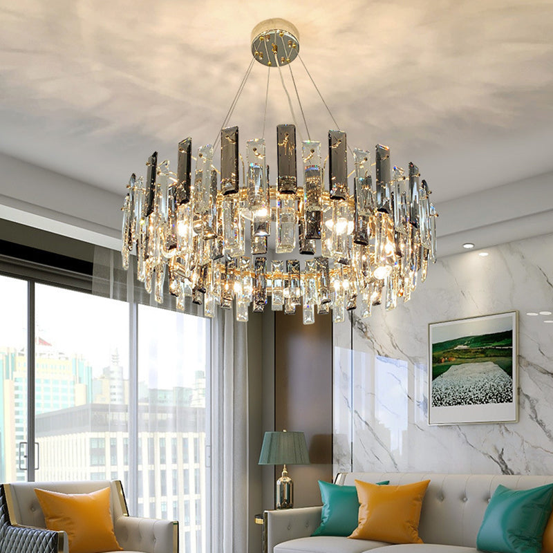 Drum Pendant Ceiling Light Modernist Smoke Grey Crystal Living Room Chandelier Lamp
