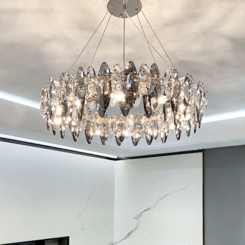 Drum Pendant Ceiling Light Modernist Smoke Grey Crystal Living Room Chandelier Lamp