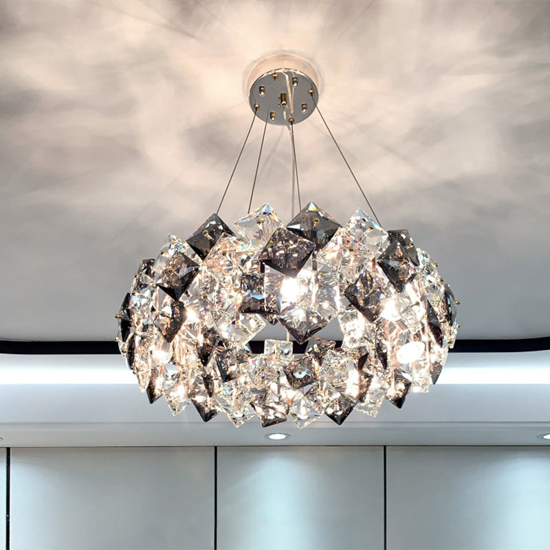 Drum Pendant Ceiling Light Modernist Smoke Grey Crystal Living Room Chandelier Lamp