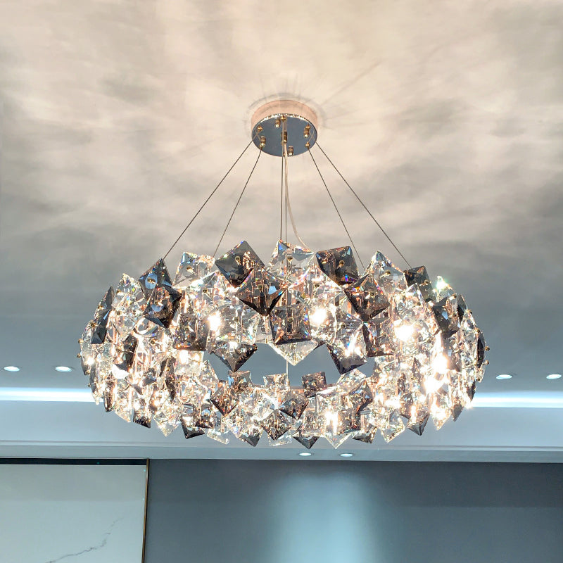 Drum Pendant Ceiling Light Modernist Smoke Grey Crystal Living Room Chandelier Lamp