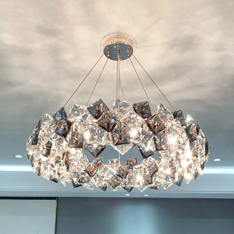 Drum Pendant Ceiling Light Modernist Smoke Grey Crystal Living Room Chandelier Lamp