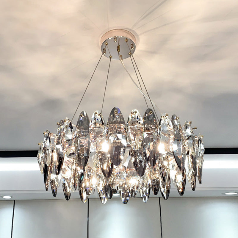 Drum Pendant Ceiling Light Modernist Smoke Grey Crystal Living Room Chandelier Lamp
