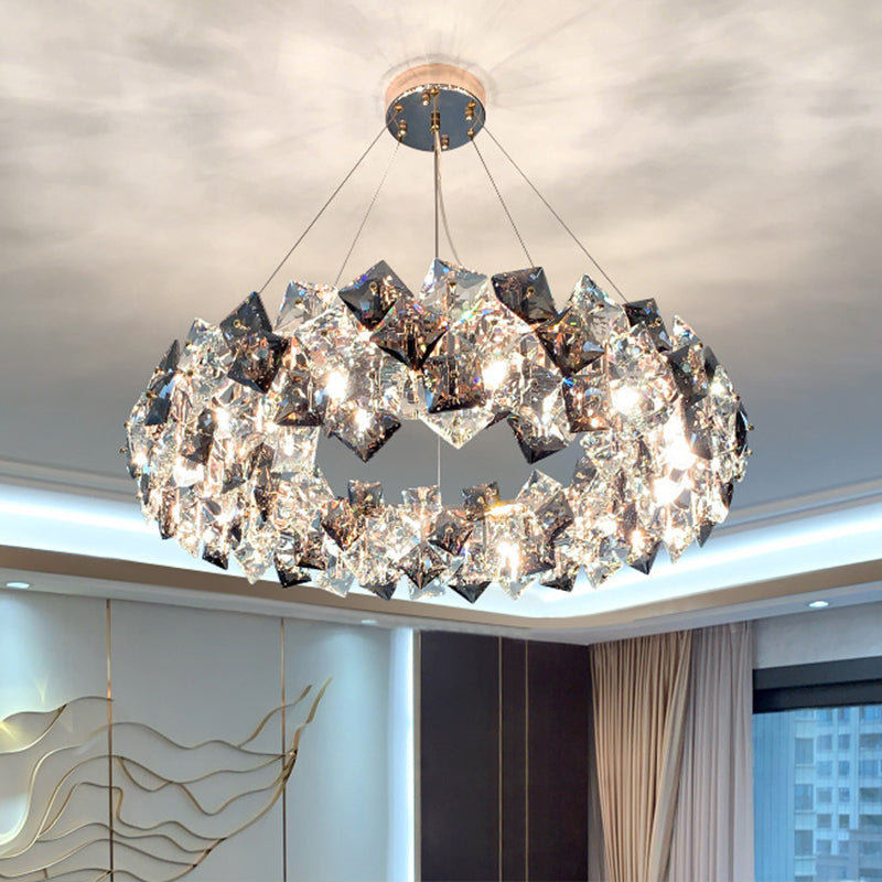 Drum Pendant Ceiling Light Modernist Smoke Grey Crystal Living Room Chandelier Lamp