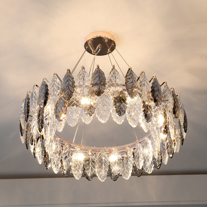 Drum Pendant Ceiling Light Modernist Smoke Grey Crystal Living Room Chandelier Lamp