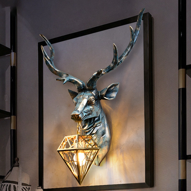 Resin Deer Wall Sconce Lighting Antique Style 1 Light Wall Light with Brass Diamond Shade, 14.5"/19.5" Wide