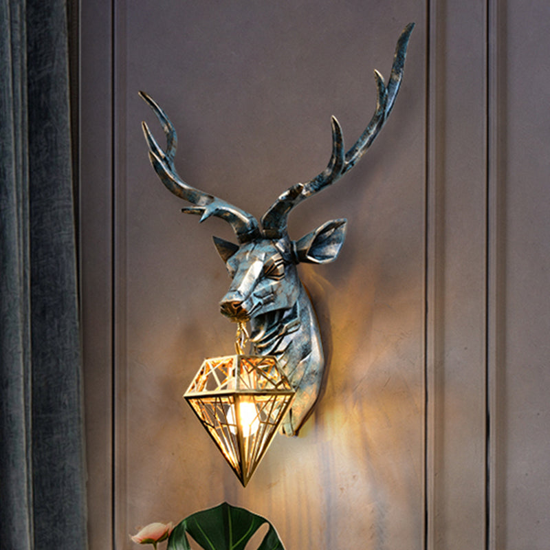 Resin Deer Wall Sconce Lighting Antique Style 1 Light Wall Light with Brass Diamond Shade, 14.5"/19.5" Wide