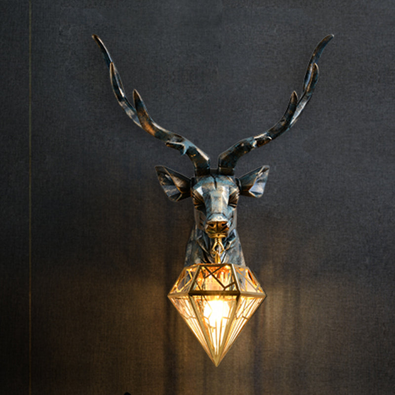 Resin Deer Wall Sconce Lighting Antique Style 1 Light Wall Light with Brass Diamond Shade, 14.5"/19.5" Wide