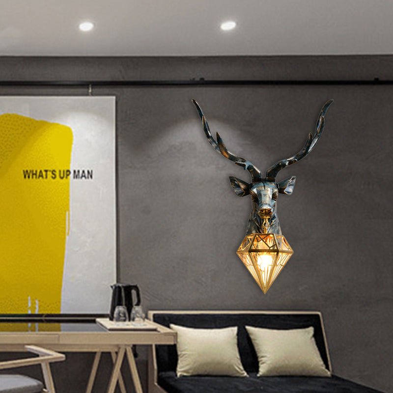 Resin Deer Wall Sconce Lighting Antique Style 1 Light Wall Light with Brass Diamond Shade, 14.5"/19.5" Wide
