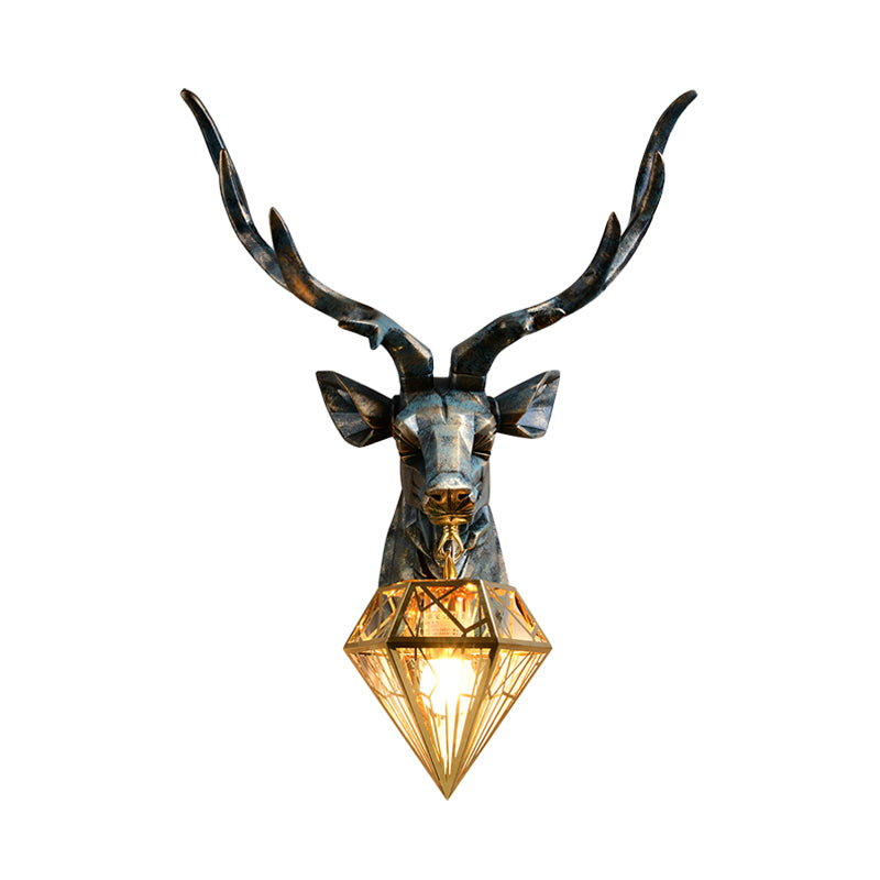 Resin Deer Wall Sconce Lighting Antique Style 1 Light Wall Light with Brass Diamond Shade, 14.5"/19.5" Wide
