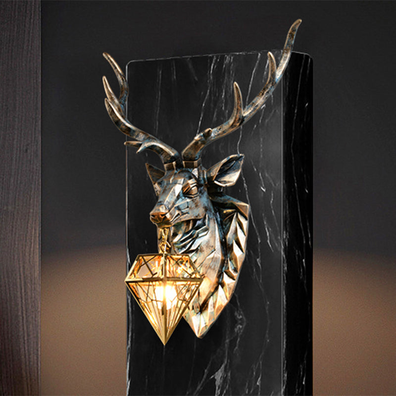 Wandleuchte im Vintage-Stil, Diamant-Messing-Metall-Wandleuchte, 1-flammig, mit Harz-Hirsch-Dekoration, 16"/18,5" breit