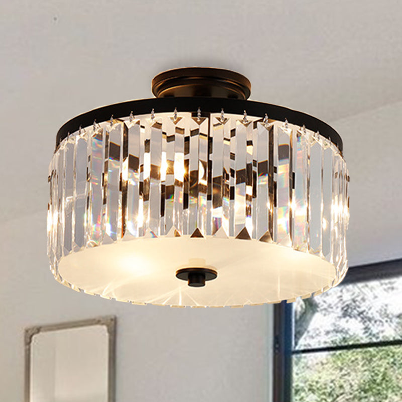 Crystal Drum Flush Mount Simplicity 3 Lights Dining Room Ceiling Lamp in Gold/Silver/Black