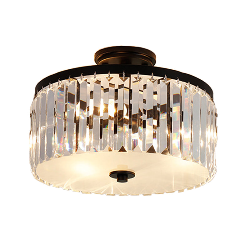 Crystal Drum Flush Mount Simplicity 3 Lights Dining Room Ceiling Lamp in Gold/Silver/Black