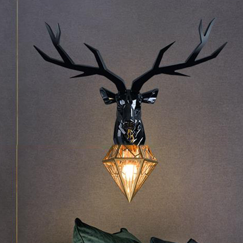 Resin Deer Wall Light Traditional 14.5"/19.5" Wide 1 Light White/Black Sconce Light with Diamond Metal Shade