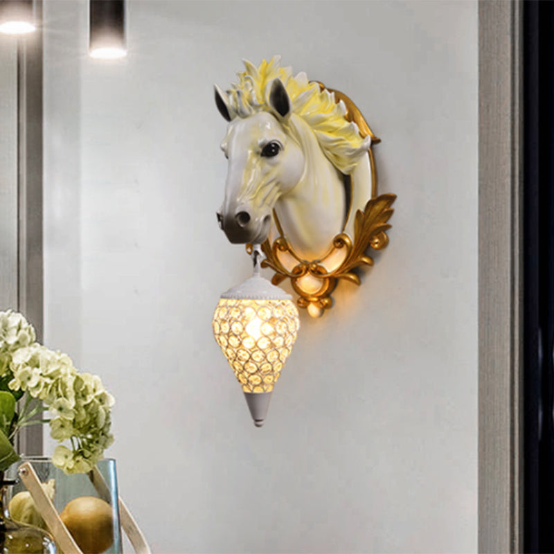 1 Light Living Room Wall Light Vintage Sconce with White/Red Horse Resin Decoration, 10"/12" Wide