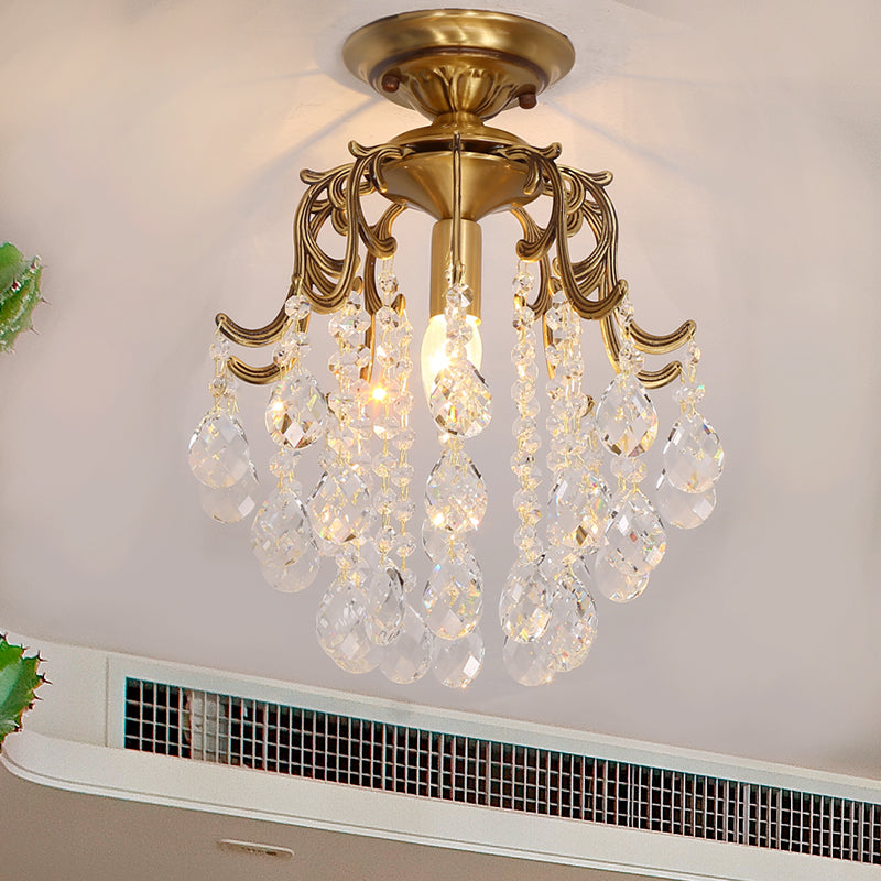 Curved Semi Flush Mount Light Traditional 1-Light Metal Flushmount Ceiling Fixture with Clear/Cognac Crystal Droplet