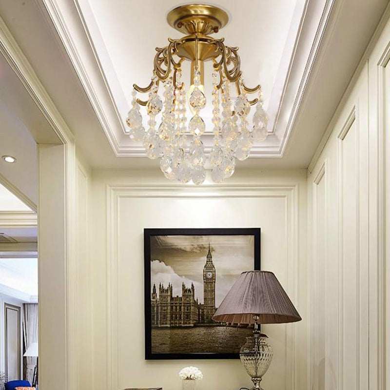 Gebogene Halbblütenmontage Leichtes traditioneller 1-Licht-Metall-Flushmount Deckenbestand mit klarem/Cognac-Kristalltropfen