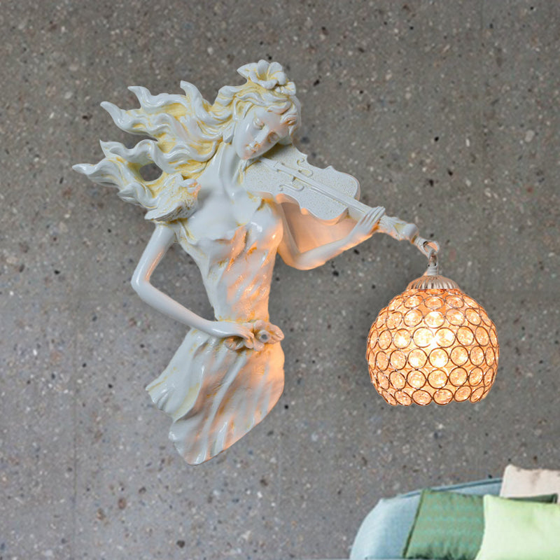 Dome Wall Mount Light Vintage Metal and Crystal 1 Light White/Gold Wall Sconce Light with Girl Decoration