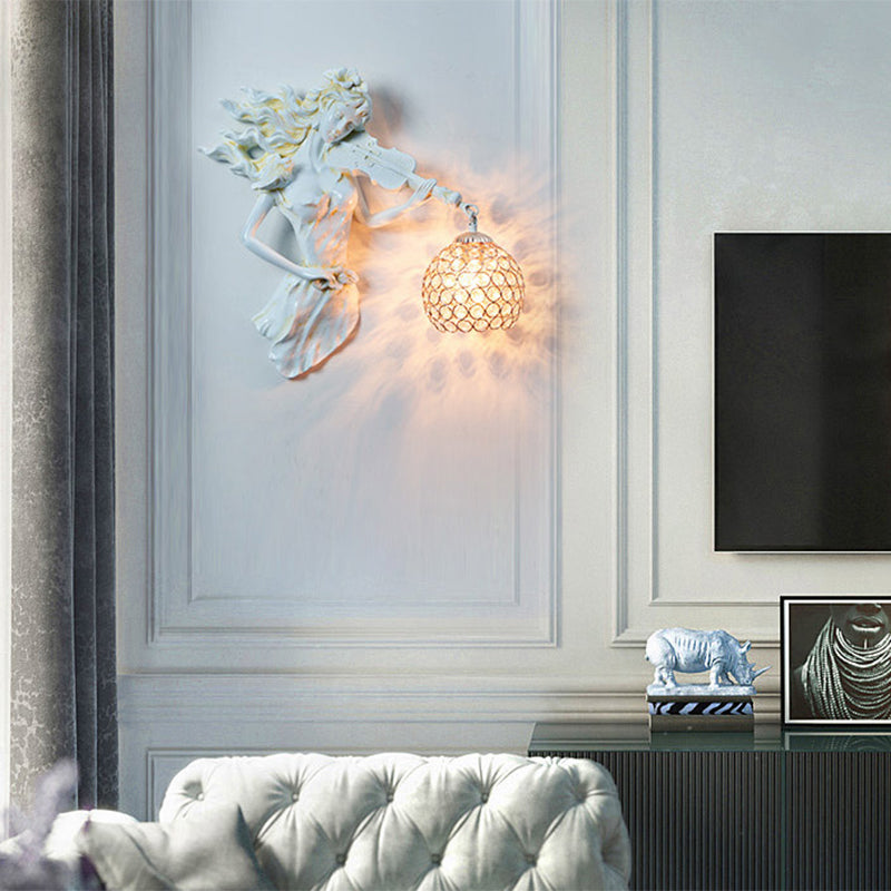 Dome Wall Mount Light Vintage Metal and Crystal 1 Light White/Gold Wall Sconce Light with Girl Decoration