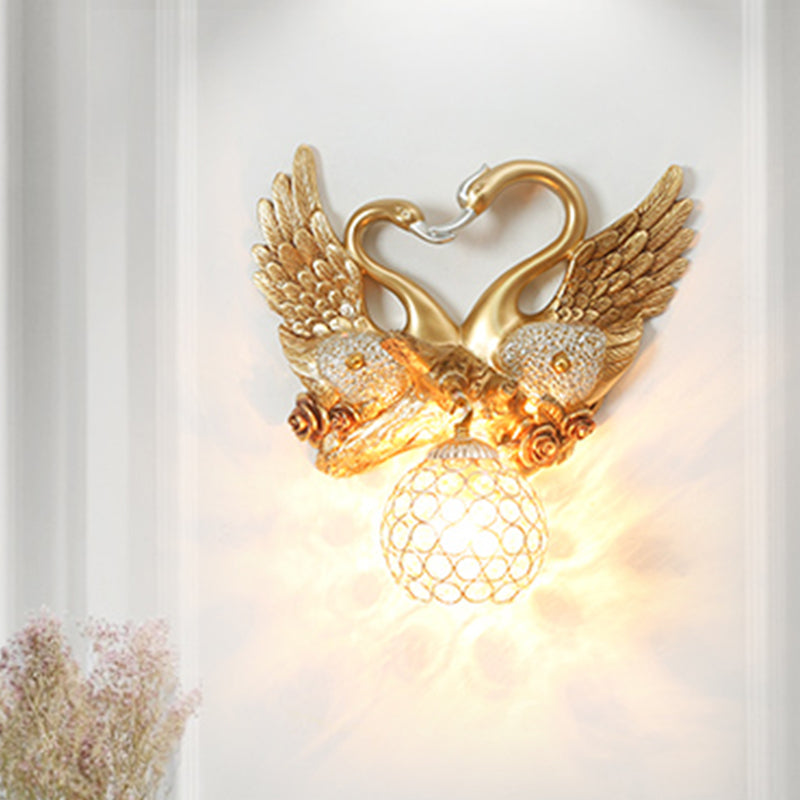 Resin Swan Wall Light Vintage 1 Light Gold Sconce Light with Dome Metal and Crystal Shade