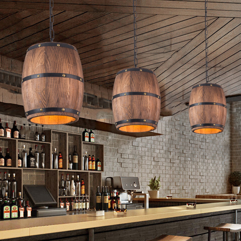 Brown 1 Light Drop Pendant Industrial Wood Bucket Hanging Lights for Bar