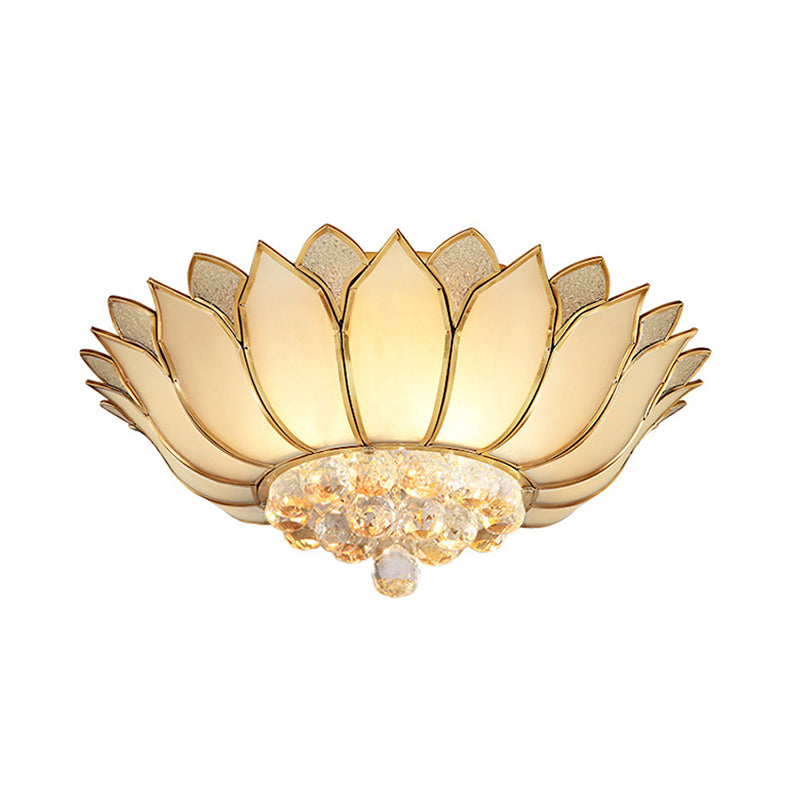 Golden Lotus Flush Mount Light Traditional 4/6 Lights Glass Ceiling Lamp with Crystal Drop