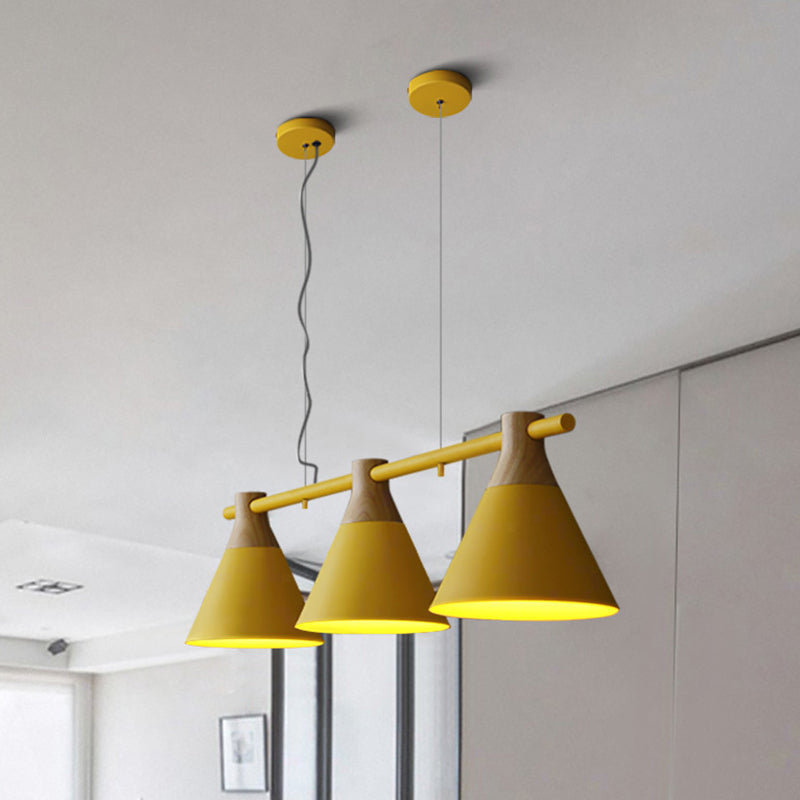 Adjustable Hanging Cord 3 Lights Island Pendant Lights Nordic Style Conical Metal Pendant in Wood