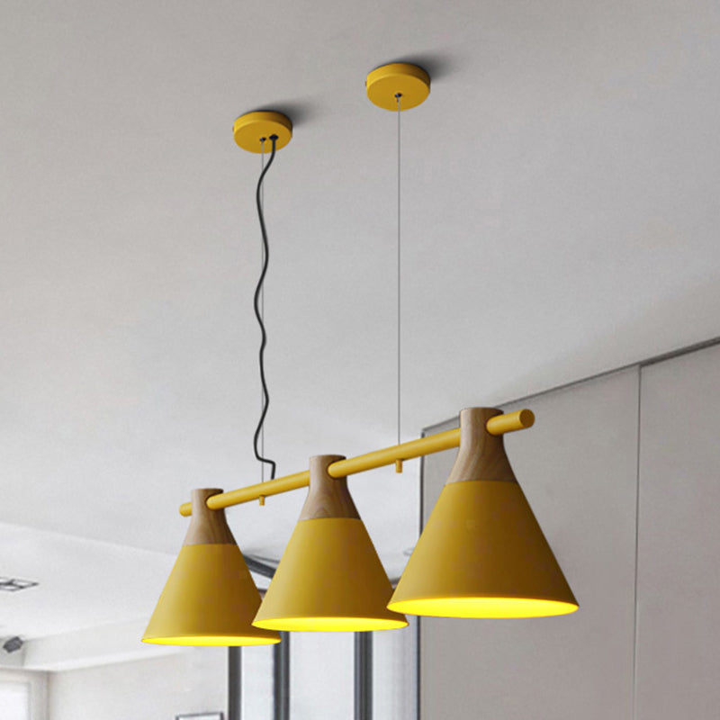 Adjustable Hanging Cord 3 Lights Island Pendant Lights Nordic Style Conical Metal Pendant in Wood
