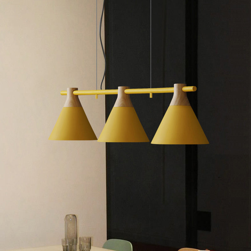 Adjustable Hanging Cord 3 Lights Island Pendant Lights Nordic Style Conical Metal Pendant in Wood