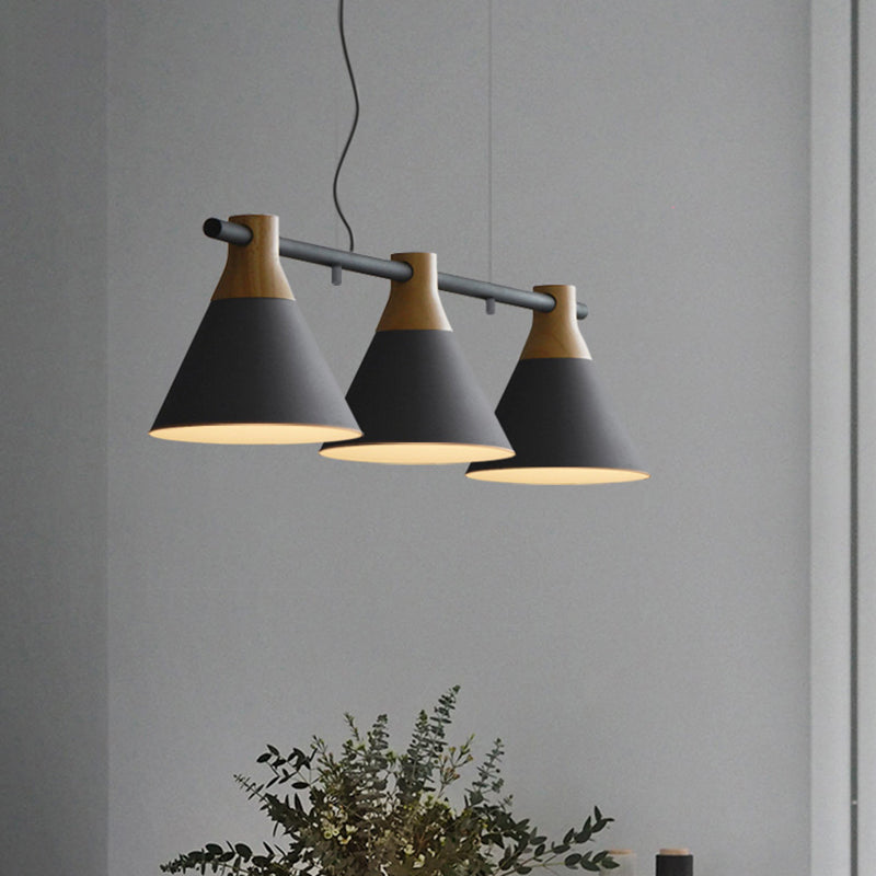 Adjustable Hanging Cord 3 Lights Island Pendant Lights Nordic Style Conical Metal Pendant in Wood