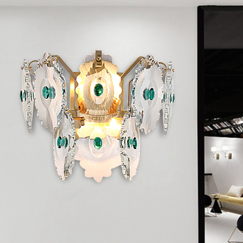 Gear Clear Crystal Wall Mounted Light Postmodern 2 Lights Sconce Light with Green/Gold Gem