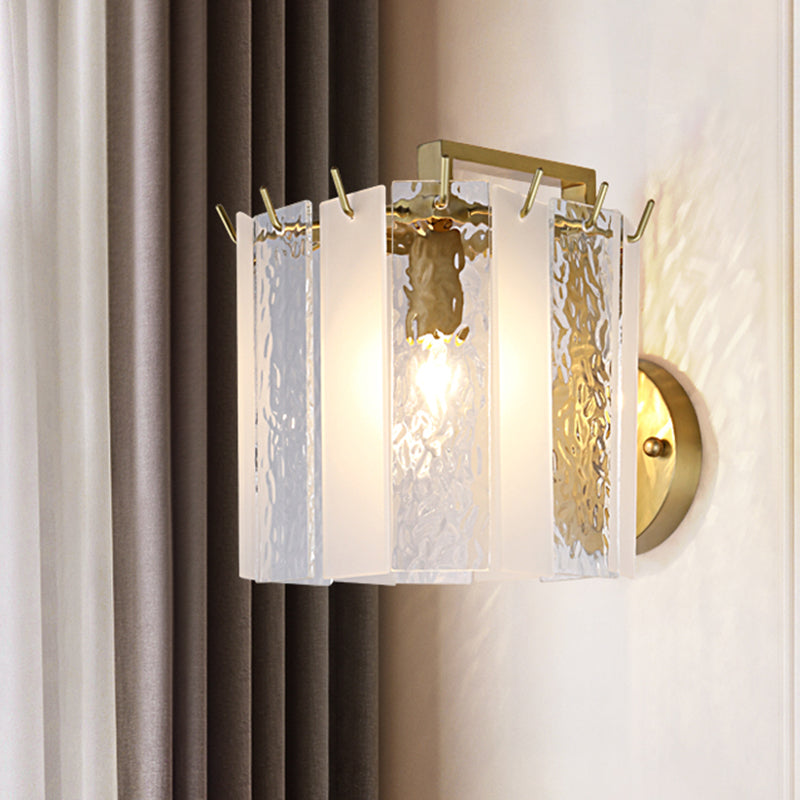 Drum Wall Sconce Light Contemporary Frosted Glass and Waterglass 1 Light Gold Wall Light Fixture