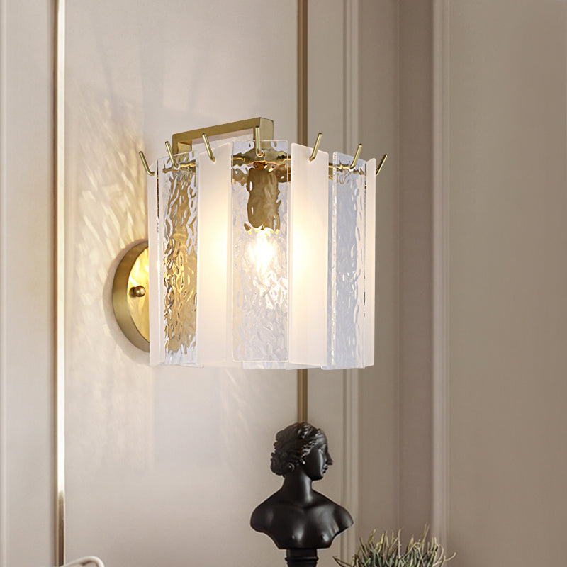 Drum Wall Sconce Light Contemporary Frosted Glass and Waterglass 1 Light Gold Wall Light Fixture