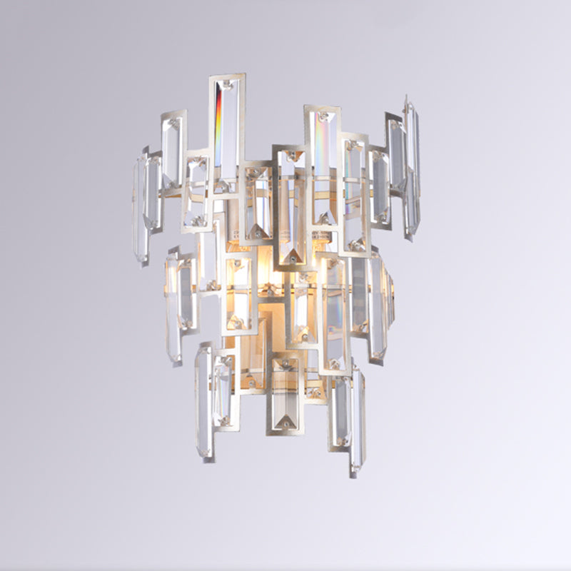 Rose Gold 2-Bulb Wall Lamp Modern Rectangular-Cut Crystal Tier Wall Sconce for Dining Room