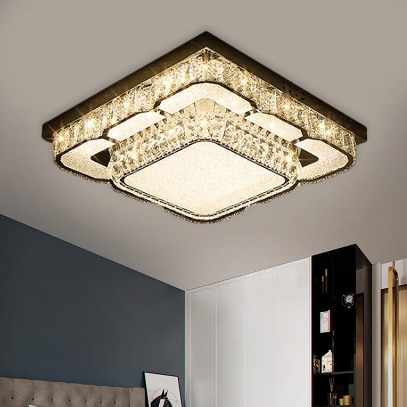 Contemporary LED Ceiling Lamp with Crystal Block Shade Chrome Round/Square Flushmount Lighting