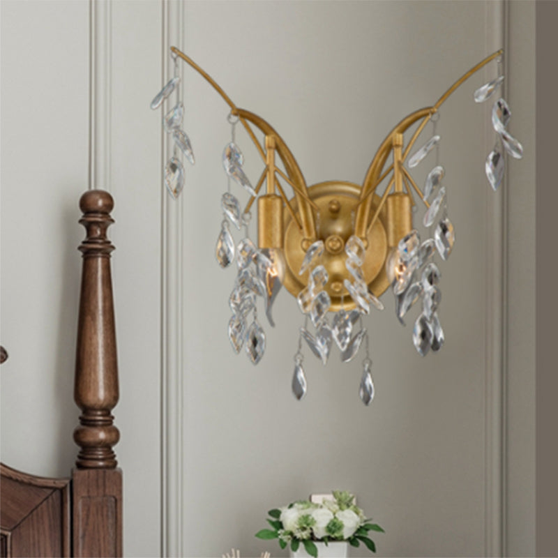 Branch Metal Wall Mount Light Modern 2 Lights Gold Wall Sconce Light with Faceted Crystal Drop