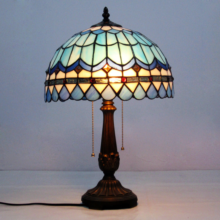 Barokke stijl Dome/Bowl leeslicht 1 licht gebrandschilderd glazen tafelverlichting met metalen basis in blauw