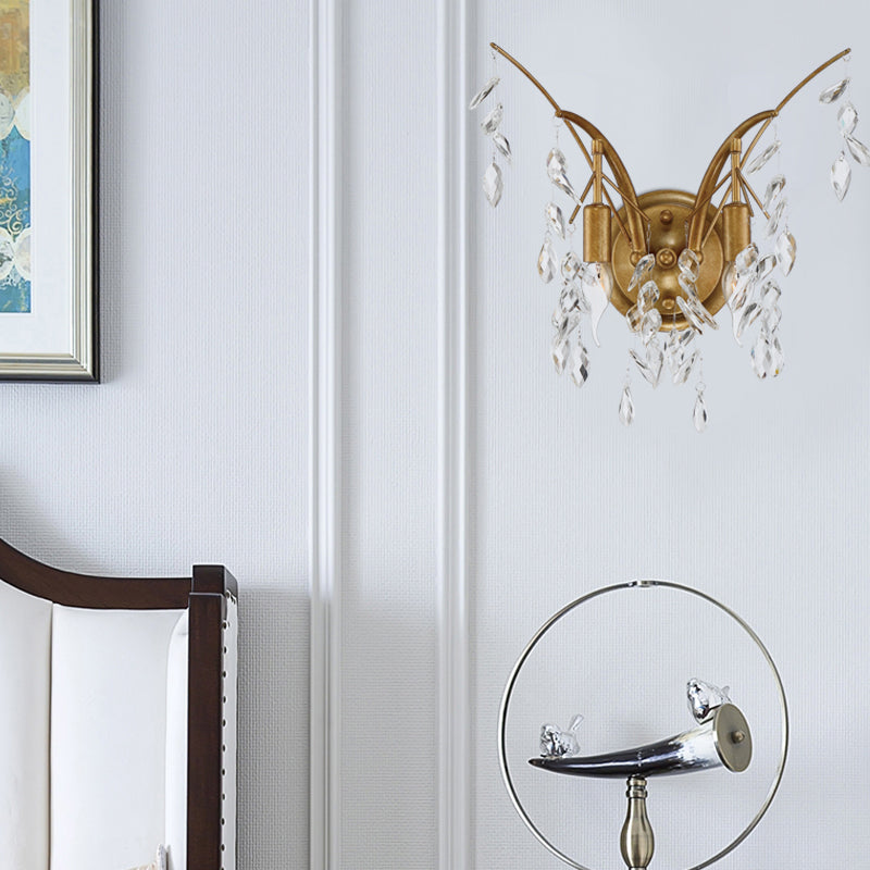 Branch Metal Wall Mount Light Modern 2 Lights Gold Wall Sconce Light with Faceted Crystal Drop