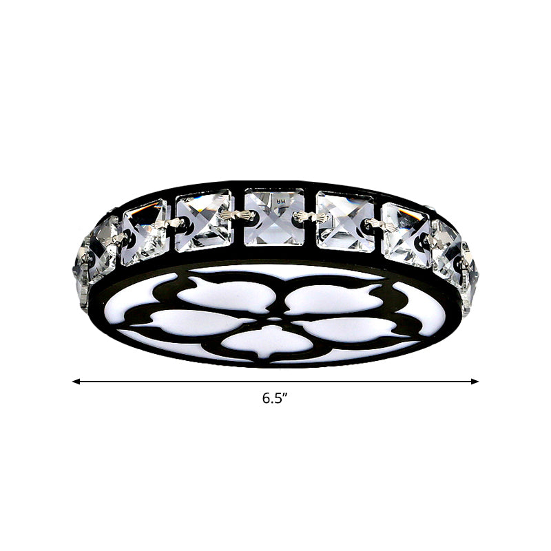 3" Wide Drum Hallway LED Flush Mount Faceted Crystal Contemporary Ceiling Fixture in Black, Warm/White/Multi Color Light