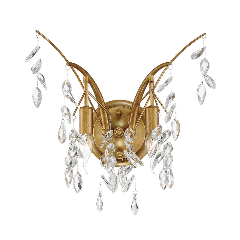 Branch Metal Wall Mount Light Modern 2 Lights Gold Wall Sconce Light with Faceted Crystal Drop