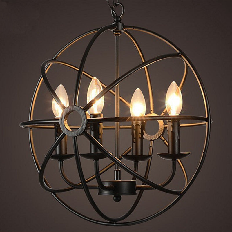 Retro Industrial Style Globe Pendant Chandelier Iron Hanging Light Fixture with Candle Design for Coffee Shop