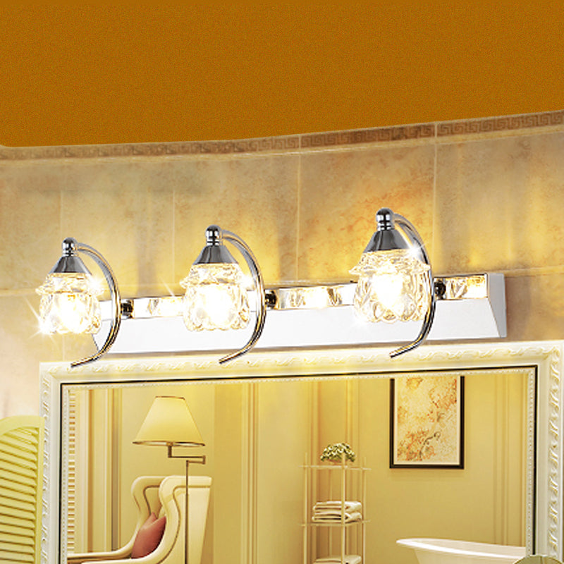 Miroir de vanité de champignons moderne Crystal clair Crystal 3 lumières Lampe murale de salle de bain avec bras incurvé en argent, lumière chaude / blanche